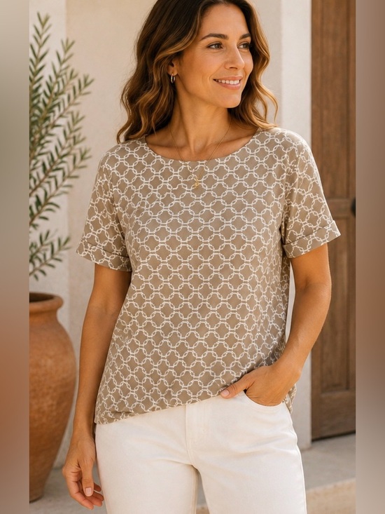 Karen Scott Tops - Karen Scott Geometric Short Sleeve Top | Tan Cream Print | XL